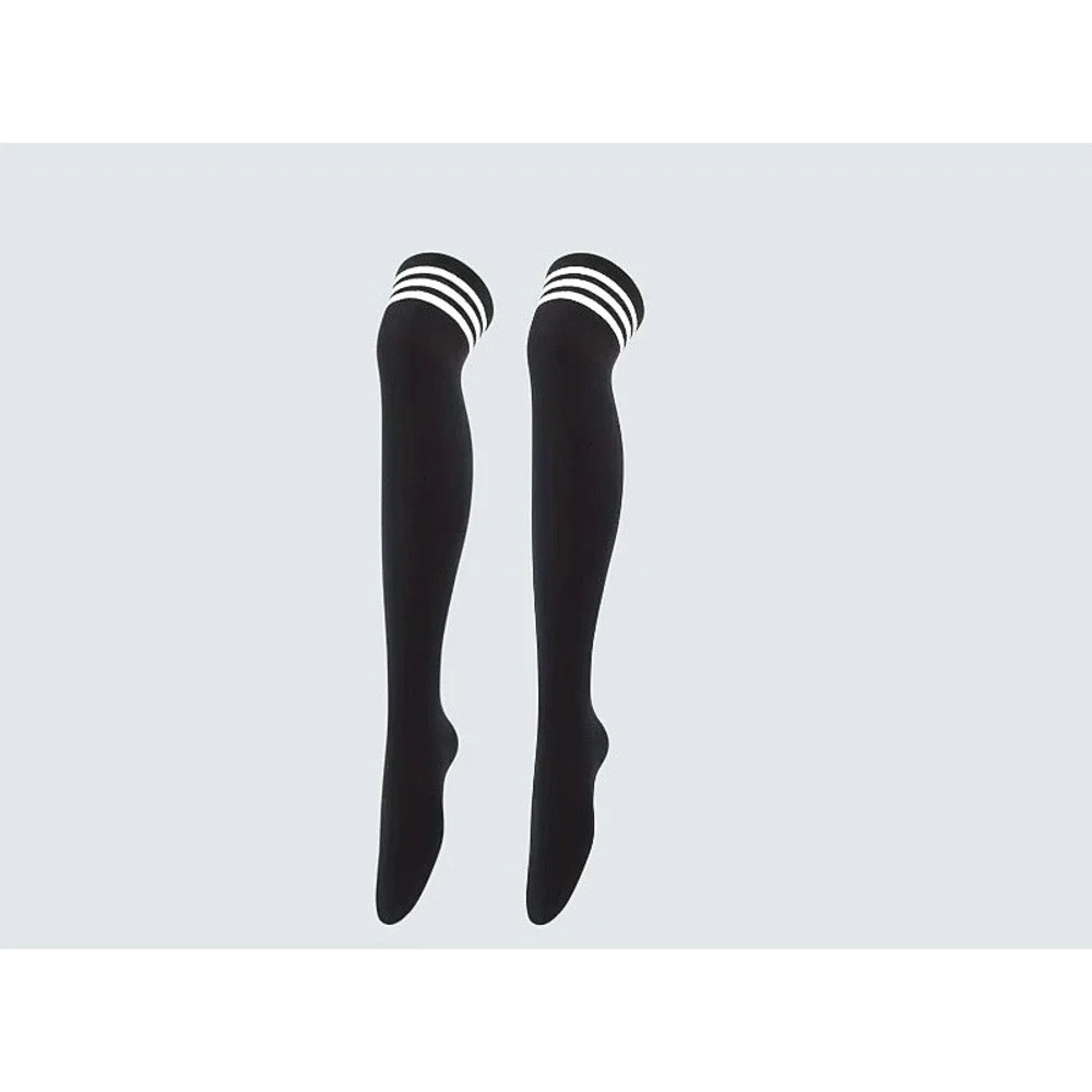 Black with 3 White Stripes Over the Knee Tube Socks ONE SIZE School Girl NEW